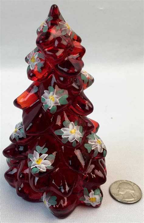 Lot - Vintage Mosser Glass Red Christmas Tree With Hand Painted Flowers SIGNED