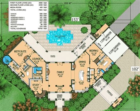 Plan 36174TX: Palatial Living | Castle house plans, Pool house plans, U shaped house plans