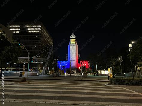 LOS ANGELES, CA, OCT 2021: wide view of City Hall in Downtown at night ...