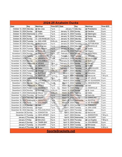 2024-25 Anaheim Ducks Schedule; Printable, PDF Format - Sports Brackets