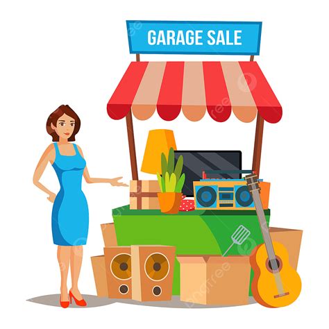 Garage Sale Items Clipart Transparent Background, Yard Sale Vector Household Items Sale Woman ...