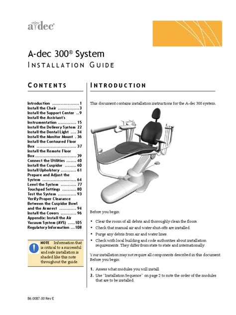 A-dec 300 Dental Chair - Installation guide | Screw | Manufactured Goods