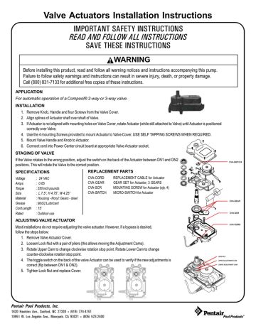 Pentair Valve Actuators Installation Instructions | Manualzz