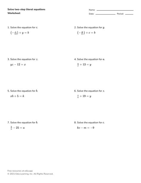 Solving Literal Equations Worksheet Algebra 1