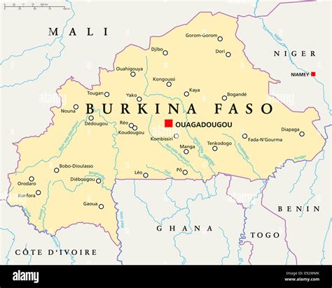 Burkina Faso Political Map with capital Ouagadougou, national borders, most important cities ...