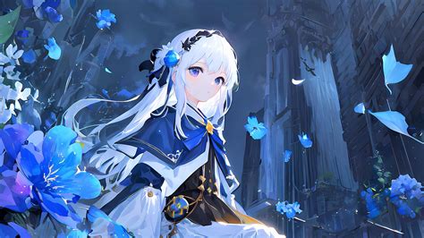 White Hair Blue Dress Flowers Princess Purple Eyes Anime Girl HD Anime ...