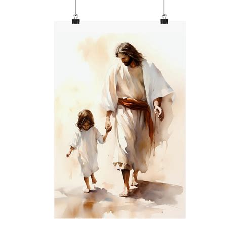 Jesus and Child Walking Poster Watercolor Spiritual Road Print Christian Art Hand in Hand With ...