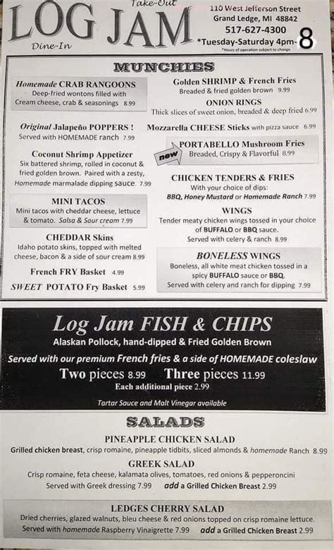 Menu at Log Jam pub & bar, Grand Ledge