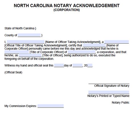 Free North Carolina Notary Acknowledgement – Corporation - PDF - Word