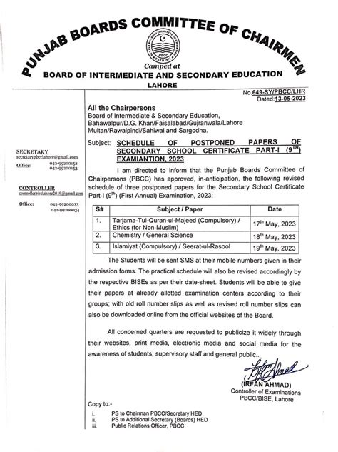 Bise Rawalpindi Date Sheet 9 Class 2023 First Annual Exam