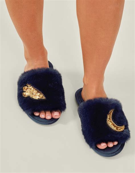 Moon Faux Fur Mule Slippers Blue | Slippers | Accessorize UK