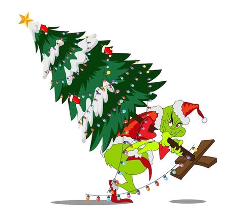 Premium Vector | A cartoon of a grinch carrying a christmas tree with ...