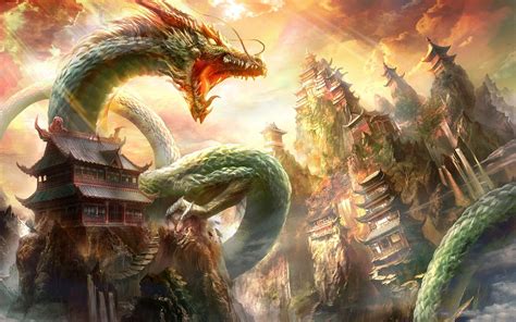 Wallpaper : fantasy art, chinese dragon, mythology, Chinese architecture, screenshot, fictional ...