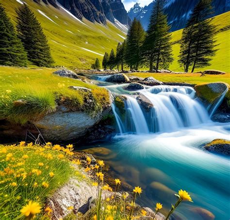 Premium AI Image | A waterfall in a green field with yellow flowers