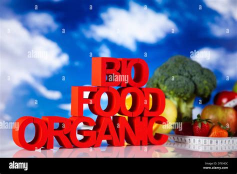 Bio organic food on blue sky backgroud Stock Photo - Alamy