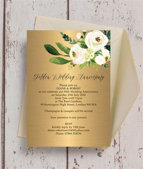 Gold & Cream Flowers 50th / Golden Wedding Anniversary Invitation from ...