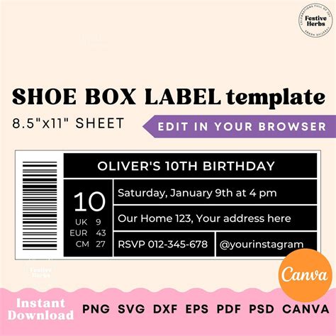 Shoe Box Label Template Printable Shoe Box Label Template - Etsy