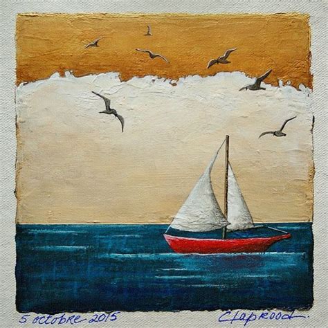 Small sailboat painting, original nautical art wall deco, red white ...