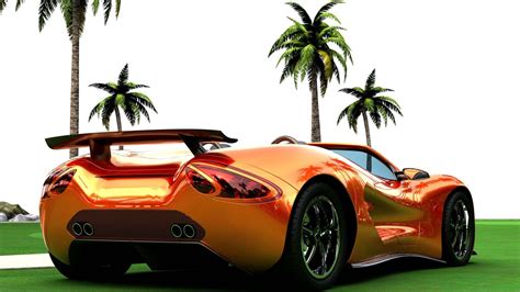 an orange sports car parked on top of a grass covered field next to palm trees