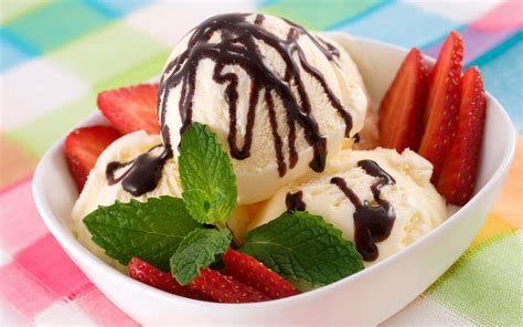 Vanilla ice cream with strawberries and chocolate syrup HD wallpaper ...