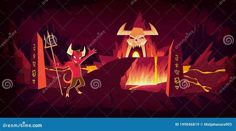 Hell Landscape, Infernal Stone Cave Cartoon Stock Vector - Illustration of fiery, explosion ...