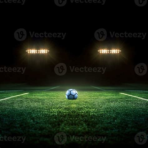 Stadium lights in the night. Green soccer field bright spotlights still ...