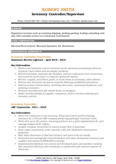 Inventory Controller Resume Samples | QwikResume