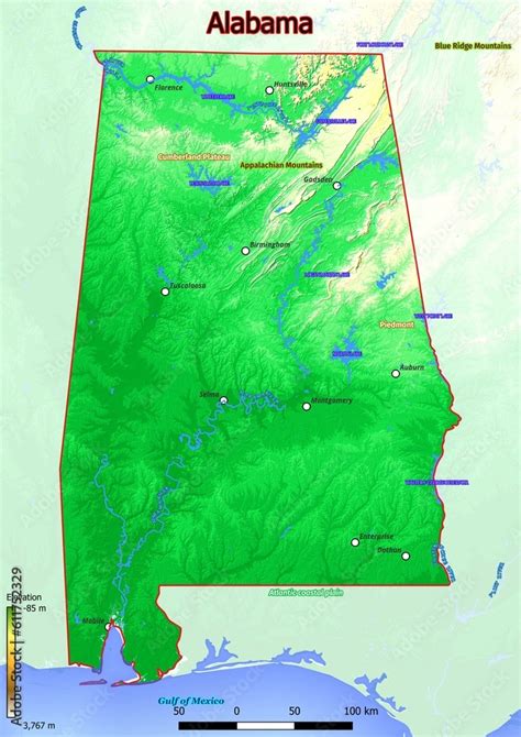 Physical map of Alabama with mountains, plains, bridges, rivers, lakes, mountains, cities Stock ...