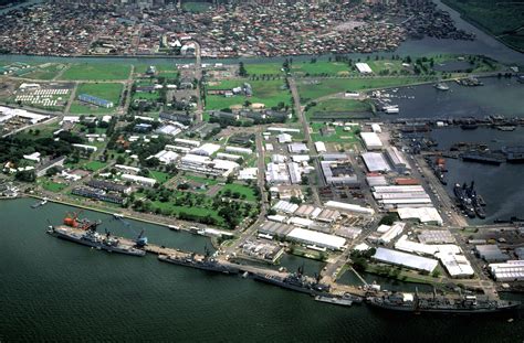 A view of the Naval Base, Subic Bay, with the city of Olongapo in the background. The ships ...