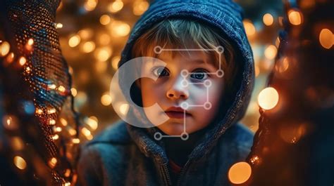 Curious Boy looking at the camera in front of a Christmas tree stock ...