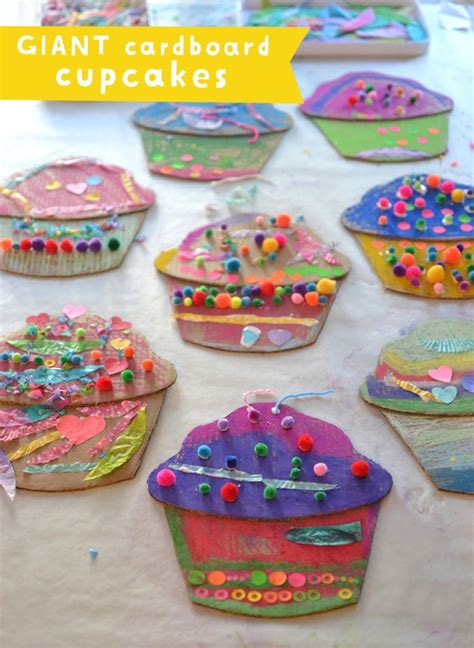 Children make giant cardboard cupcakes with oil pastels and collage ...