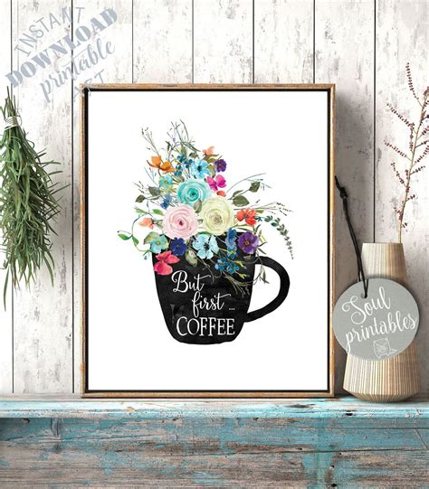 But first coffee floral art printable coffee corner wall | Etsy in 2021 | Typography wall art ...