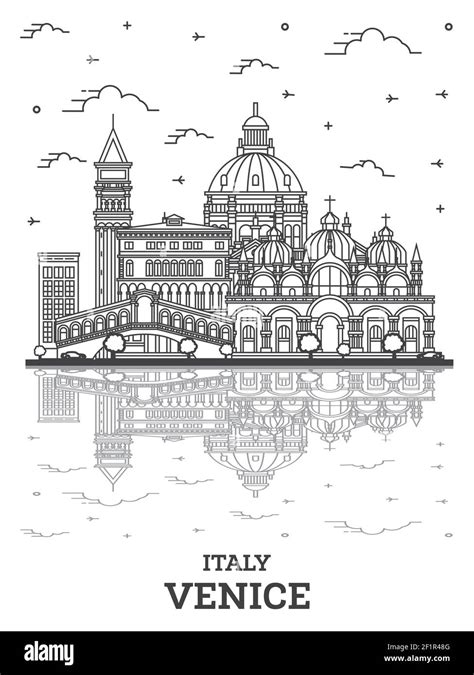 Outline Venice Italy City Skyline with Historic Buildings and Reflections Isolated on White ...