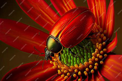 Premium Photo | Red beetle on flower with red petals and green leaves