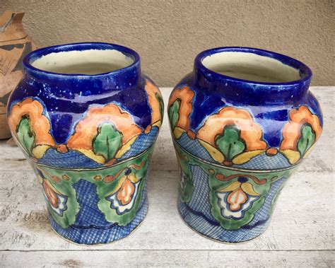 Two Uriarte Talavera Pottery Vases, Puebla Mexican Folk Art, Rustic Home Decor