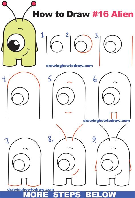 How to Draw Cute Cartoon Alien from Numbers "16" Easy Step by Step Drawing Tutorial for Kids ...