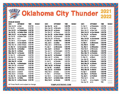 Printable 2021-2022 Oklahoma City Thunder Schedule