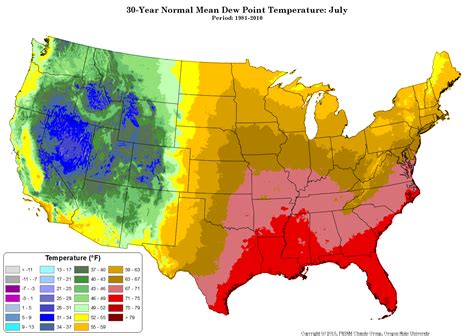 U.S. map by mean dew point temperature in July : MapPorn