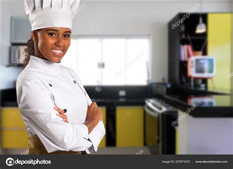 Black Brazilian Woman Chef Cooking Looking Camera Kitchen Blurred ...