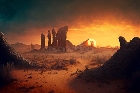 Arid Desert Landscape in Sunset, Creative Digital Illustration Painting ...