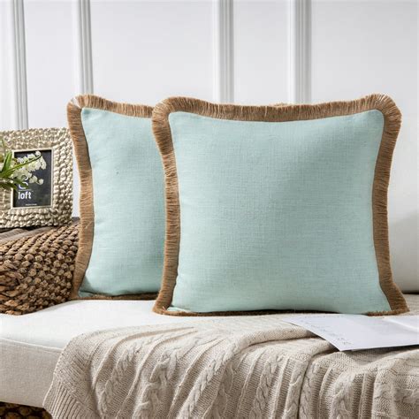 Phantoscope Linen Tassel Trimmed Farmhouse Series Decorative Throw Pillow, 18" x 18", Water Blue ...