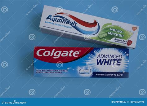 April 25, 2023 Ukraine City Kyiv Toothpaste Colgate and Aquafresh on a ...