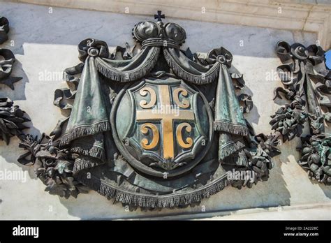 Royal coat of arms of the Kingdom of Serbia, part of a monument of Prince Mihailo. It is located ...