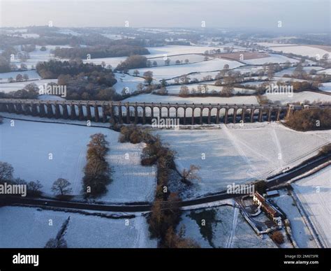 Aerial view of Ouse Valley Viaduct in the snow, winter 2022 Stock Photo - Alamy