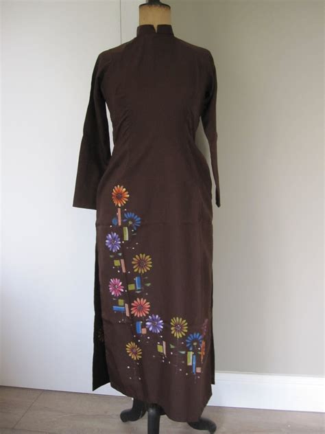 Traditional Vietnamese Dress Ao Dai Brown Embroidered - Etsy