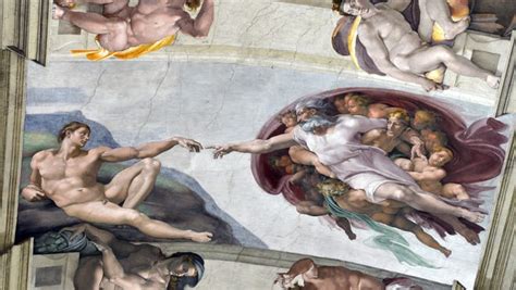 This picture shows frescoes on the ceiling of the Sistine chapel, painted by Michelangelo. AFP ...