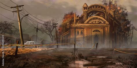 ภาพประกอบสต็อก Wasteland Street Buildings. Fiction Backdrop. Concept Art. Realistic Illustration ...