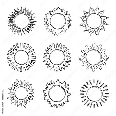 Sketch sun, Hand drawn sunshine symbols. Cute vector doodle suns ...