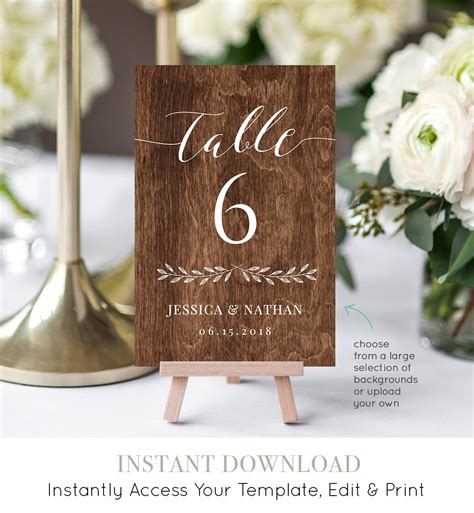 Wedding Table Number Card Printable, Rustic Reception Seating Template ...