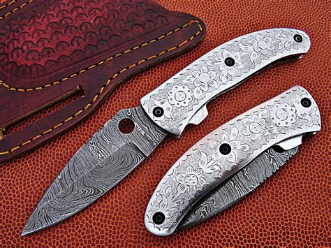 Handmade Damascus Folding Knife Silver Engraved Pocket knive